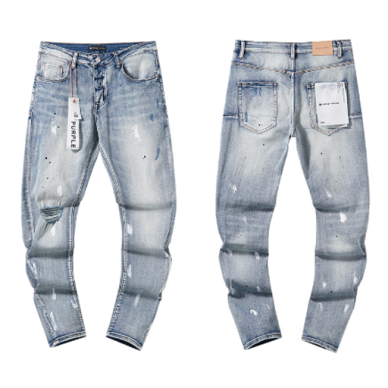 Light Blue Washed Slim Denim Jeans with White Paint Splatter and Knee Distressing